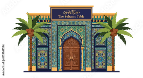 Exotic architectural facade featuring intricate tilework and palm trees