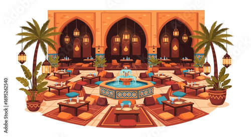 Exotic arabic lounge interior with central fountain and traditional seating