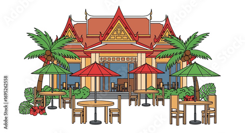 Exotic outdoor dining venue with architectural elegance and tropical vibes