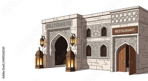 Exotic restaurant building with arabesque decorations and illuminated lanterns