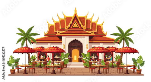 Exotic thai restaurant outdoor seating with traditional architectural design