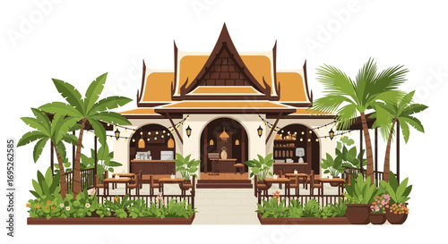 Exotic thai restaurant with palm trees and beautiful traditional architecture