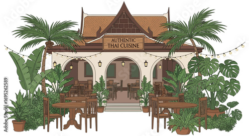 Exotic Thai Cuisine Restaurant with Lush Tropical Garden Setting and Warm Lighting