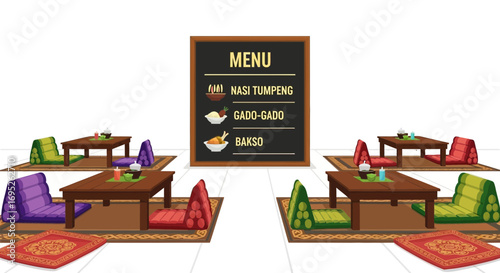 Illustration of an Indonesian-themed restaurant with traditional seating arrangement