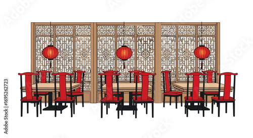 Illustration of chinese restaurant interior with red chairs and lanterns