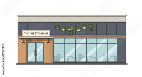 Illustration of modern Thai restaurant facade with plants decor idea