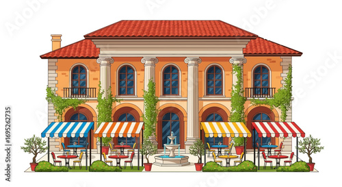 Illustration of an italian style villa with exterior dining and fountain