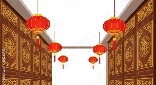 Illustrative Chinese corridor with decorative lanterns and ornate woodwork