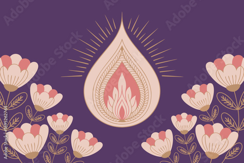 Elegant vector illustration of a spiritual Lakshmi symbol with decorative flowers for Diwali celebrations and prosperity themes