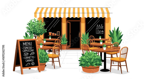 Inviting coffee shop illustration with outdoor seating and menu board