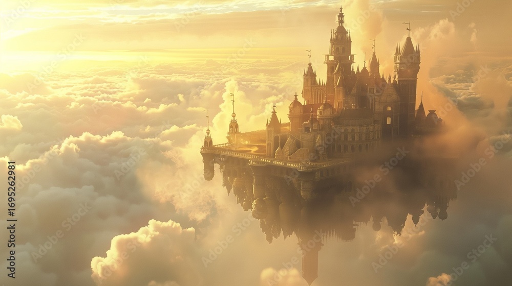 Naklejka premium Floating castle above clouds, golden sunlight beams, magical fantasy atmosphere, surreal landscape.