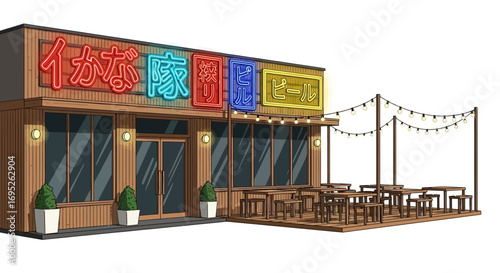Japanese style building facade with neon beer signs and outdoor seating