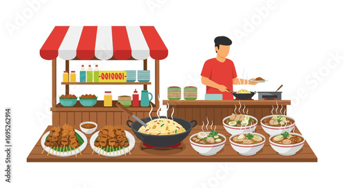 Lively street food vendor and diverse culinary offerings, enticing illustration