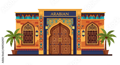 Majestic Arabian building facade with detailed architecture and plants