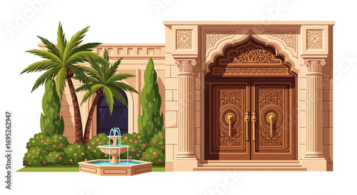 Majestic architecture featuring ornate doors, lush greenery, and a fountain