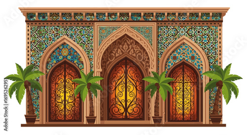 Magnificent Arabesque Architecture with Ornate Arches and Palm Trees
