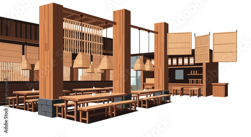 Modern and rustic restaurant interior with wooden furniture design elements