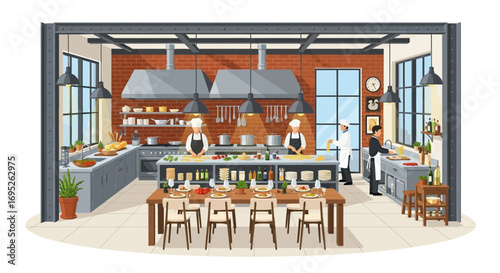 Modern Kitchen Scene with Chefs Preparing Gourmet Meals for Restaurant