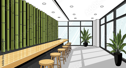 Modern minimalist bar design featuring bamboo backdrop and stools setup