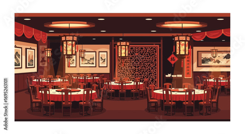 Opulent chinese restaurant interior with decorated round tables illustration