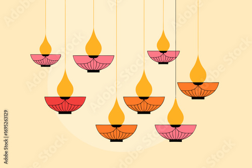 Vector illustration of traditional hanging oil lamps. These diyas symbolize prosperity, light, and the festive blessings of lakshmi