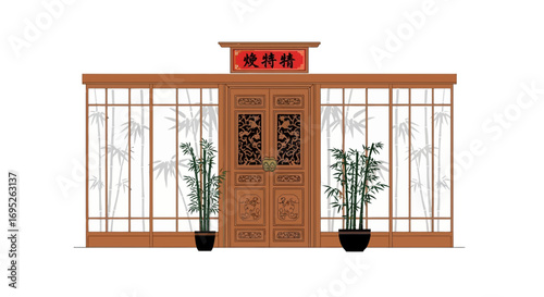 Ornate oriental establishment facade with intricate wooden details