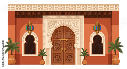 Ornate Moroccan entrance with traditional wood door and decorative lanterns