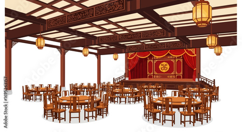 Ornate oriental interior with stage, round tables and hanging lanterns