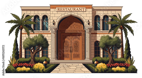 Ornate restaurant facade with intricate architectural details and landscaping