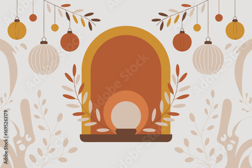 Elegant boho vector illustration for Diwali festival with modern arch and ornaments celebrating goddess lakshmi