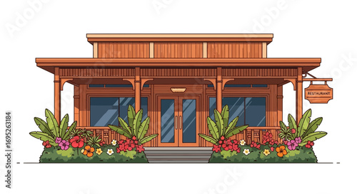 Quaint tropical restaurant facade with lush floral landscaping and a welcoming sign