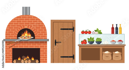 Rustic pizzeria scene with wood-fired oven, ingredients and charm
