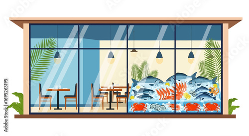 Seafood restaurant front window display with fresh catch and dining area