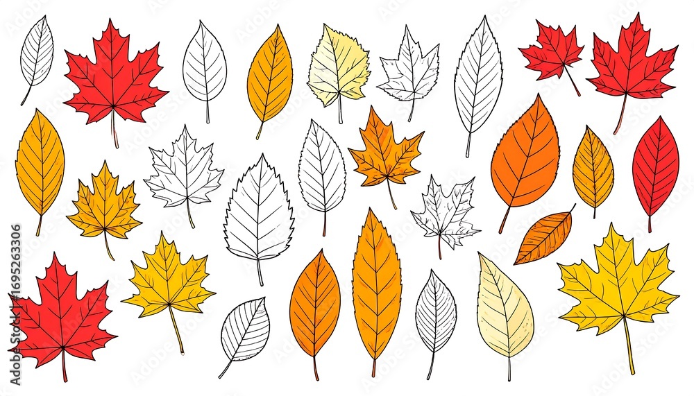 Obraz premium Delicate assortment of hand-drawn autumn leaves in vibrant colors on white backdrop