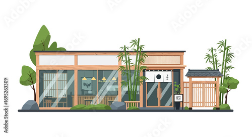 Stylized illustration of a cozy japanese restaurant facade exterior design