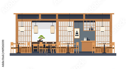 Stylized illustration of an interior space evoking a japanese restaurant