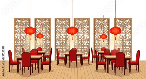 Stylized Chinese Restaurant Interior with Traditional Lanterns and Furnishings