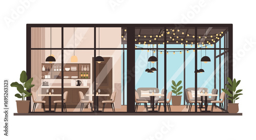 Stylized restaurant interior with a contemporary design and natural light