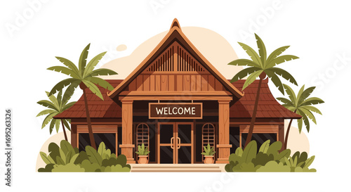 Stylized Welcome Illustration of Tropical Villa Resort Building
