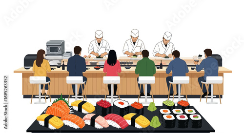 Sushi dining experience with chefs preparing food and customers eating