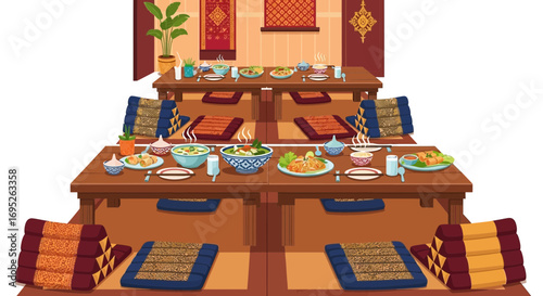 Thai cuisine served traditionally on low tables with floor seating