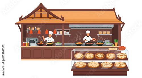 Thai culinary scene with chefs cooking and variety of flatbreads display