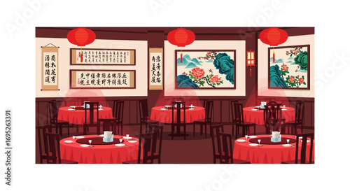 Traditional asian restaurant with decorative elements and arranged tables