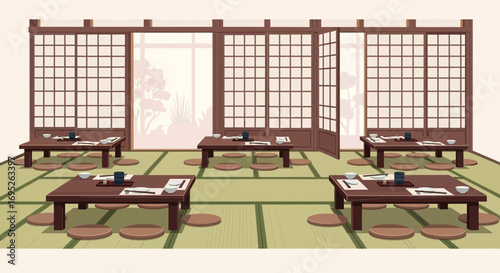 Traditional Japanese dining room interior with tatami mats and tables