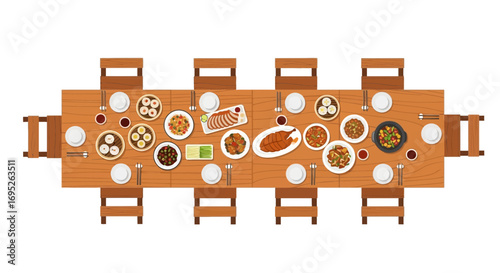 Vector illustration of a banquet table with delicious asian cuisine