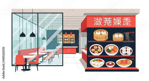 Trendy Asian Restaurant Interior with Mouthwatering Food Illustrations