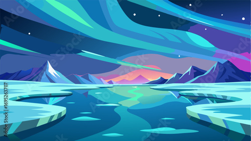 A vast frozen tundra that stretches as far as the eye can see dotted with icy lakes and shimmering glaciers that reflect the vibrant colors of the northern lights above.