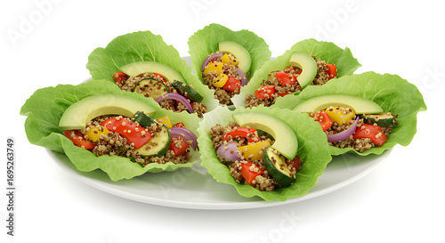 Lettuce wrap with quinoa and avocado, healthy low-carb vegan meal, isolated on white.