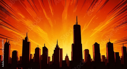 Dramatic Cityscape Silhouette with Orange Sky and Comic Style Backdrop