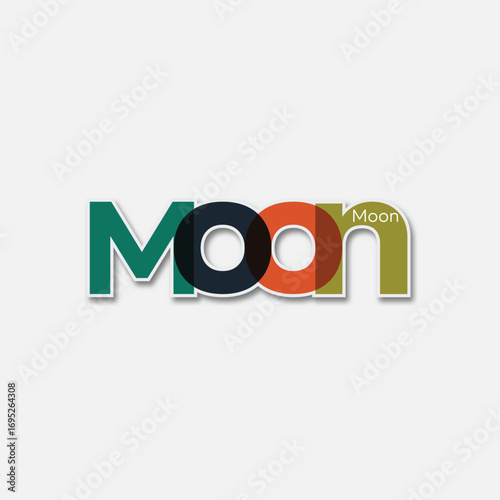 Colorful "Moon" lettering logo. Modern vector icon with overlapping letters for science apps, kids' bedtime story books, and creative branding